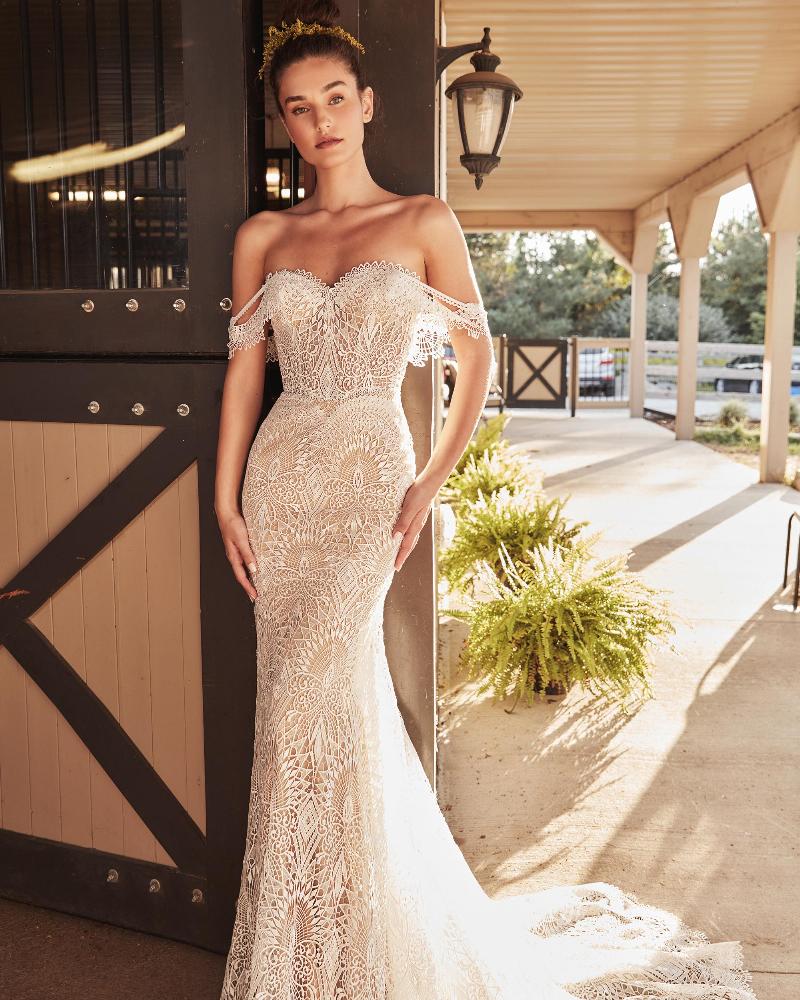 Lp2103 off the shoulder boho wedding dress with lace and sweetheart neckline3
